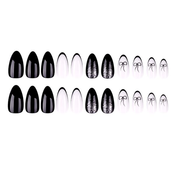 24-Piece Almond-Shape Press-On Nail Set - Glossy &amp; Bow Design