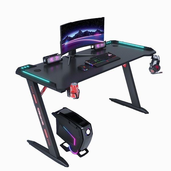 ERGONOMIC RGB &amp; LED Gaming Desk,140cm Z Shaped Home Computer Table - Red