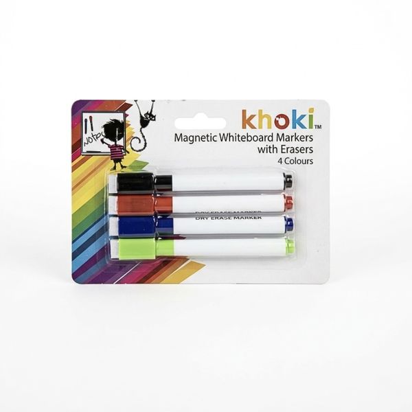 Khoki Pack of 4 Magnetic Whiteboard Markers with Built-In Erasers