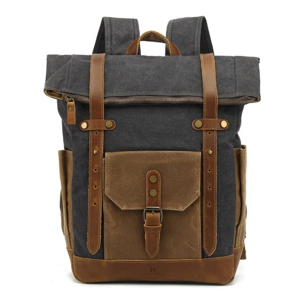 Travel Casual Hiking Leather Canvas Rucksack - Prestige Grey