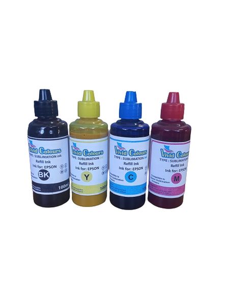 Vivid Colours Epson Sublimation Dye Ink Bottles B/C/M/Y - Compatible -100ML