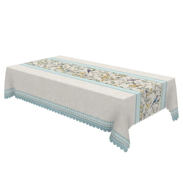 Pastel Bird &amp; Floral Tablecloth - Soft Blue Accent for Elegant Home Decor