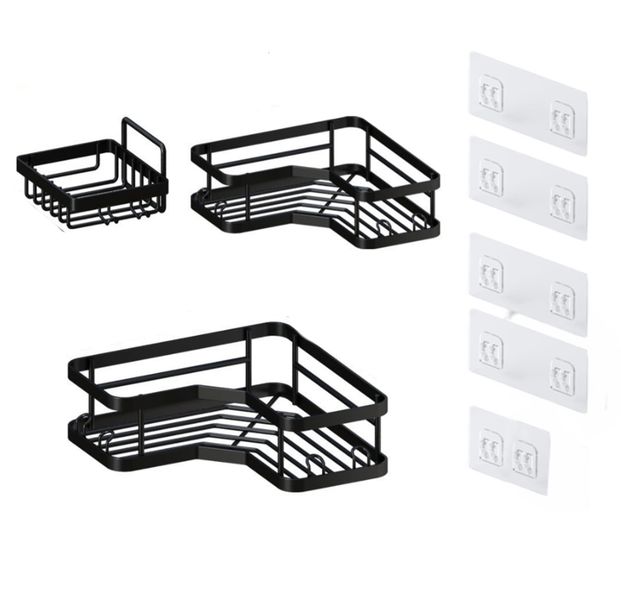 3-pack Stainless steel Shower Rack Caddy with 10 Hooks Bathroom -Black