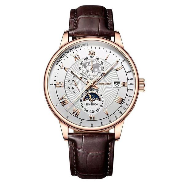 Men's Rose Gold Quartz Watch with Moon Phase - Brown Leather Strap