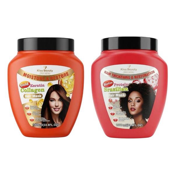 2 Pack -Kiss Beauty Biotin Protein Brazilian Gold Keratin Hair Mask 1000ml