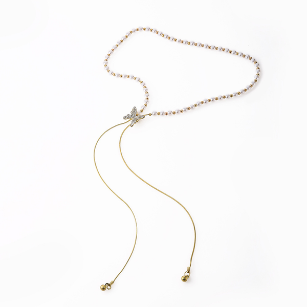 Pearl and Crystal Butterfly Lariat Necklace