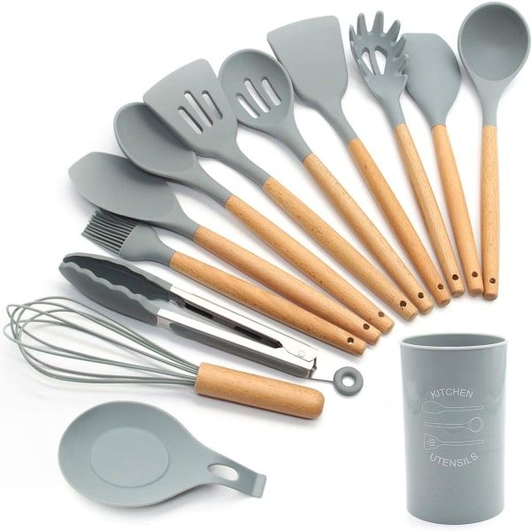 Optic Wooden Handle Silicone Kitchen Utensils-12 Piece