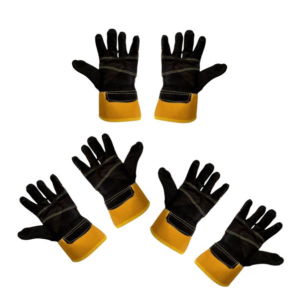 3 Pairs Black Leather &amp; Yellow Nylon Protection Work Gloves