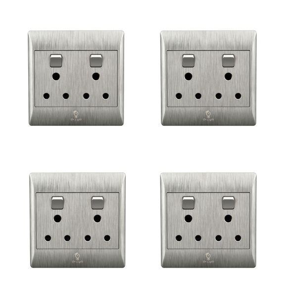 DrLight 4 pcs Luxury Brushed Silver Double Wall Socket (4X4) Value Pack
