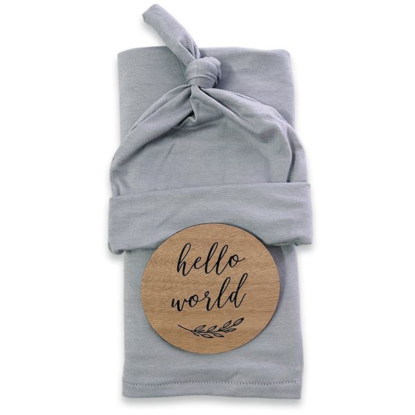 Dusty Blue Baby Stretch Swaddle Knotted Beanie &amp; Hello World Disc