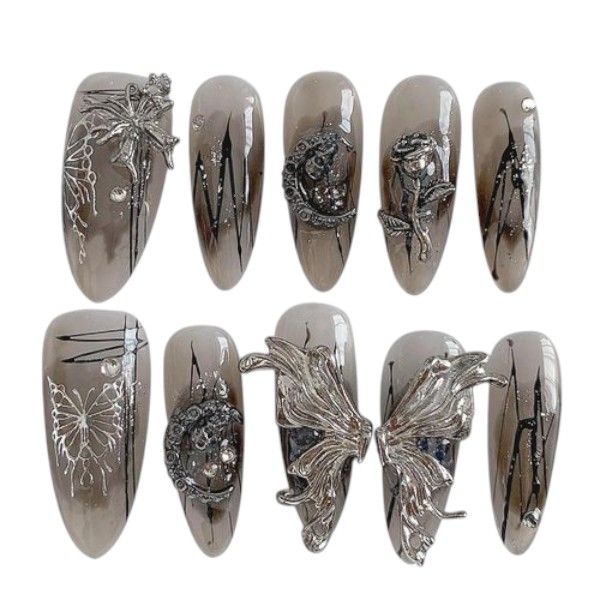 10 Piece - Ombre Almond Shaped Butterfly Design Nails - Multicolor