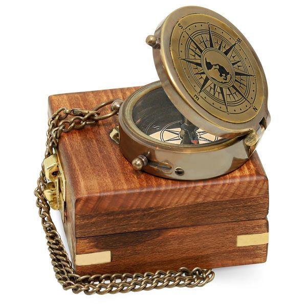 Antique Handmade Brass Nautical Collectible Compass with Wooden Box