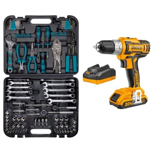 Ingco - Cordless Drill Combo (20V) and Mechanics Hand Tools Set (121)Piece