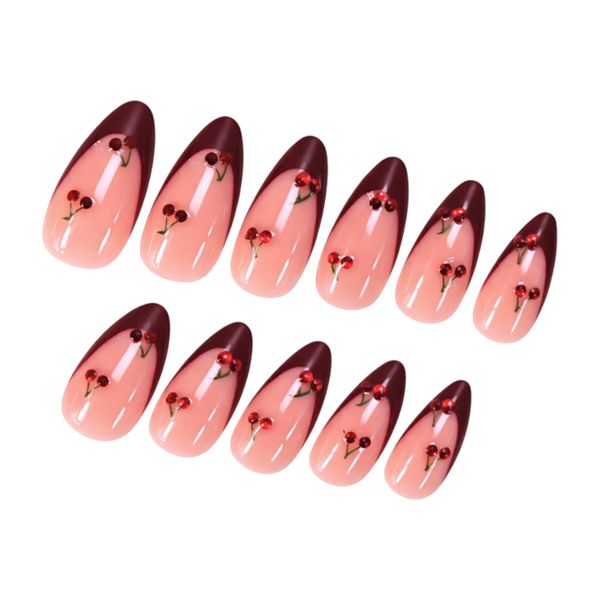 24-Piece Almond Press-On Nail Set - French Tips with Cherry Rhinestones