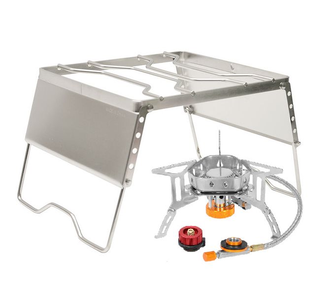 Glamping- Windproof Gas Stove+Butane Adapter+Windscreen Folding Grill Combo