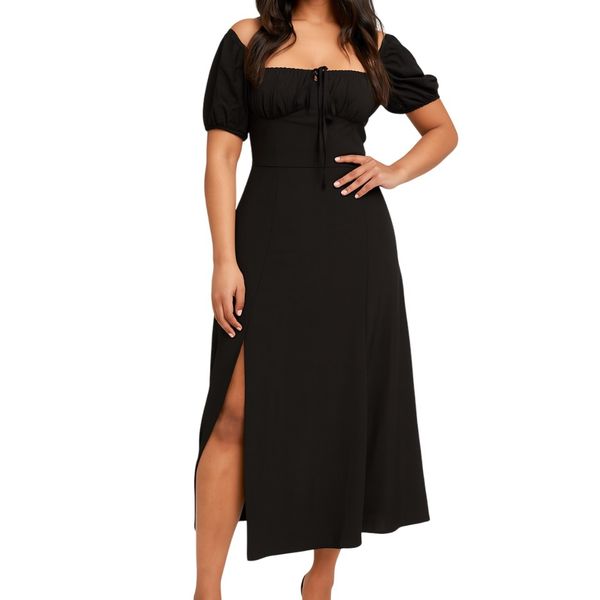 Missy Missi Ladies Babydoll Midi Dress Puff Sleeve - Black