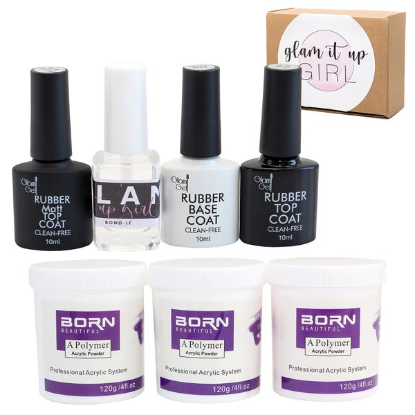 UV Gel Nail Polish Rubber Top, Base, Matte, Bondit + Acrylic Powder Set