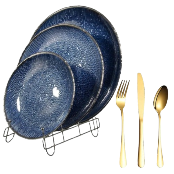 Ceramic Circle Dinnerware Set- 12 pieces of Blue / 1 set of Gold Spoon
