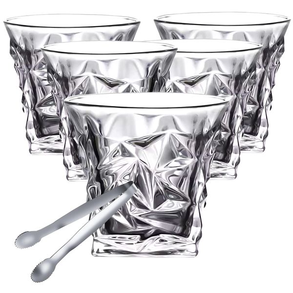 Elegant Diamond Crystal Cut Whiskey Glasses - Set of 7 with Ice Cube Tongs