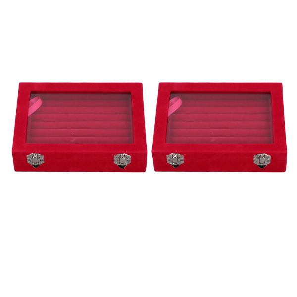 2-Pack Rose Red Jewelry Box, 7-Slot Velvet Display Case w/ Clear Lid