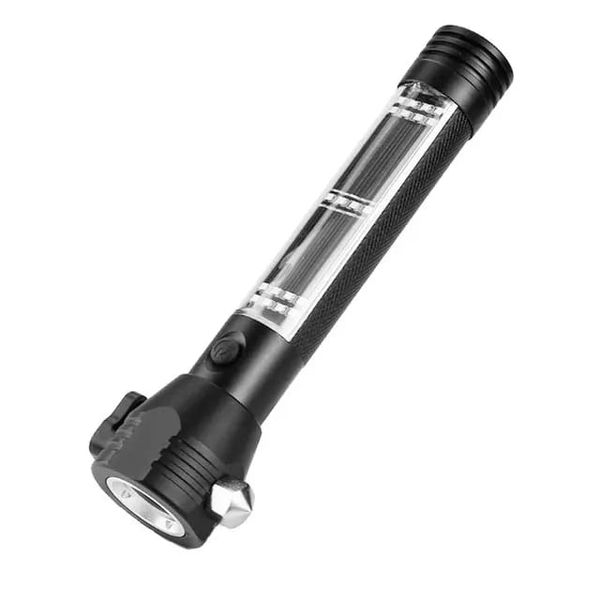 Solar Powered Dual USB Charging Glare Aluminum Alloy Flashlight With Hammer