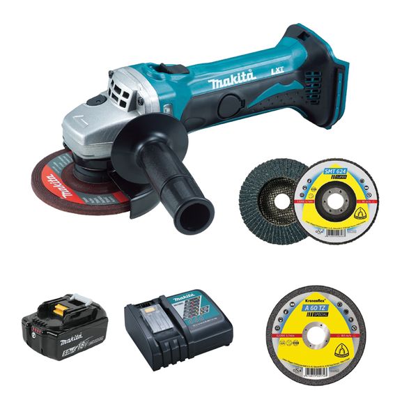 Makita Cordless Angle Grinder, Battery, Charger + Klingspor Abrasives Combo