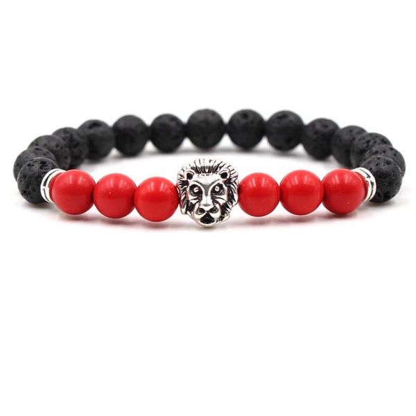 Argent Craft Natural Lava Stone &amp; Red Coral Bracelet with Lion Head -Silver
