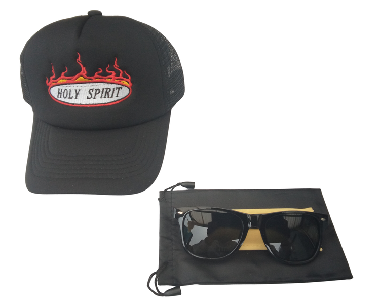 Holy Spirit Flame Embroidered Mesh Trucker Cap And Sunglasses Set
