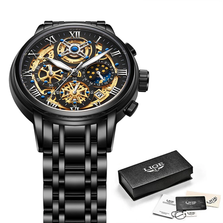 LIGE Men Luxury Skeleton Chronograph Stainless Steel Watch