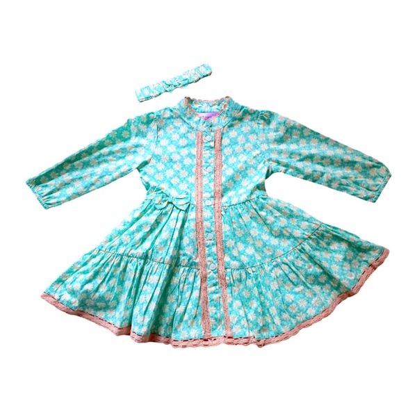 Baby Turquoise Cotton Dress and Headband Set