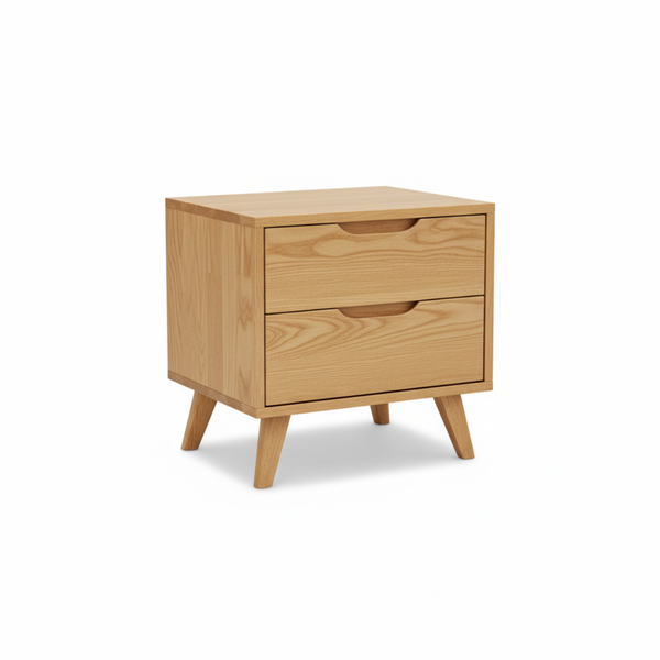 Rubber Wood Side Table with 2 Drawers - Modern Bedside Table Brown