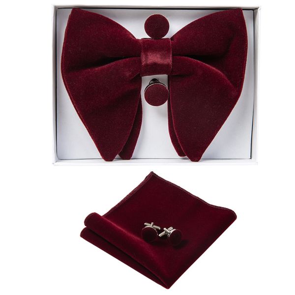 Mens Solid Plaid Velvet Pre-tied Adjustable Bow Tie and Cufflink Set