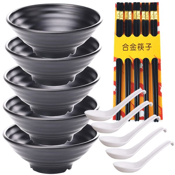 5 x Chinese Dinner Set - Ramen Bowl + Spoon + Black Alloy Chopsticks