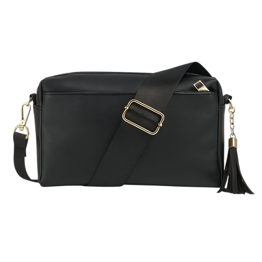 Black Crossbody Handbag with Adjustable Strap & Tassel Detail ST2410
