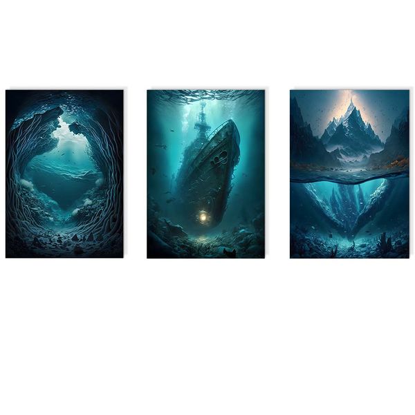 Canvas-Art-3 Pieces Undersea Cave and Mountain ,Dark Pirates Ship Wall Art