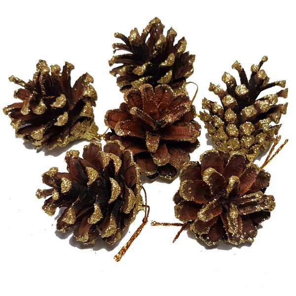 6 Small Pine Cone Christmas Tree Baubles - Gold Dust