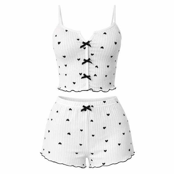 Two-Piece Heart Print Pajama Set - White