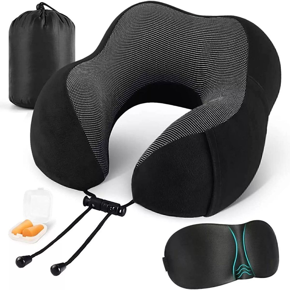 4 Pieces Memory Foam Travel Neck Pillow with Earplug Eye Mask and Storage Bag