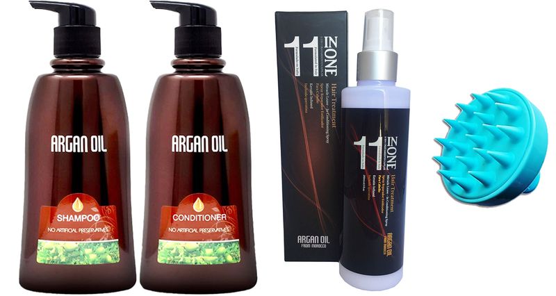 Moroccan Argan Oil Triple Pack 350m +Silicone Exfoliating Shampoo Brush(02)