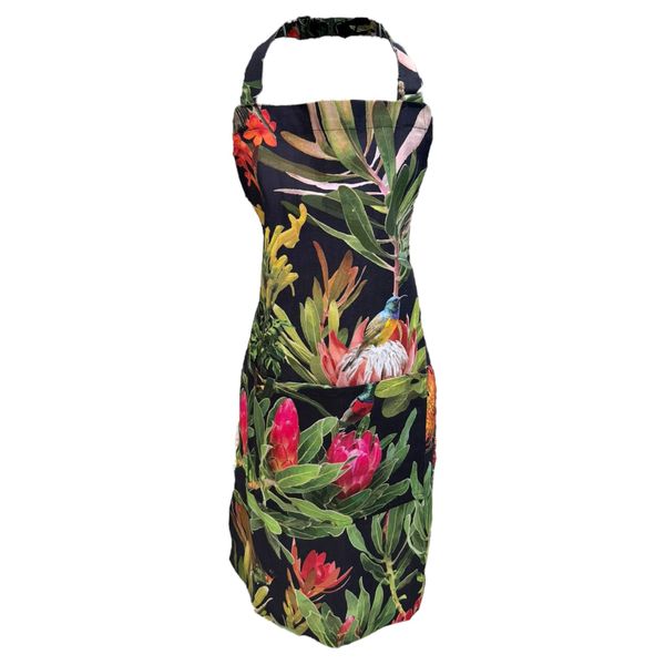 Gift Emporium 100% Cotton Linen Apron - Black with Protea Floral Design