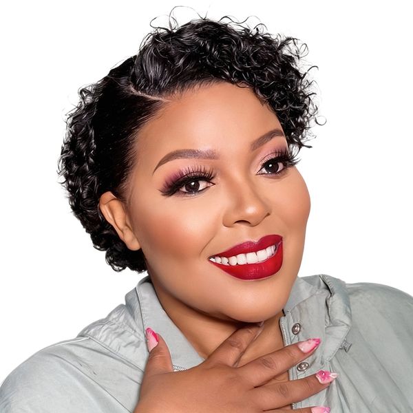 Pixie Cut Curly Human Hair 13x1 Lace Peruvian Wig -Black in