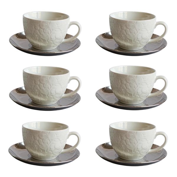 Cup &amp; Saucer 12 Piece Set - Silver, White (SYG04)