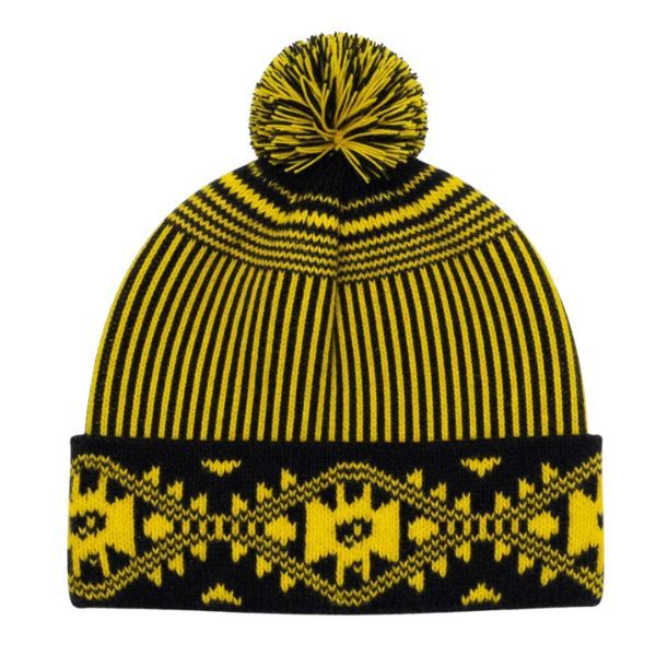 Black &amp; Yellow Patterned Knitted Beanie with Pom Pom - Winter Warm Hat
