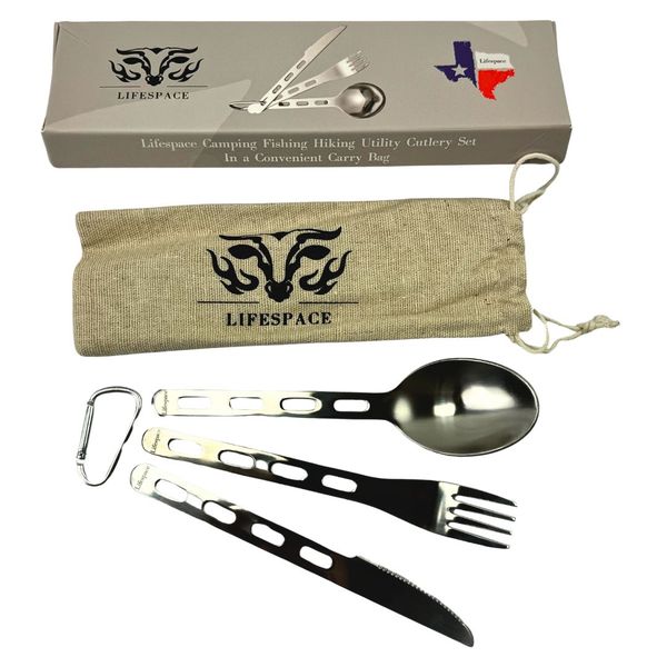 Lifespace S/S Camping Fishing Hiking Utility Cutlery Set w/ Bag &amp; Carabiner