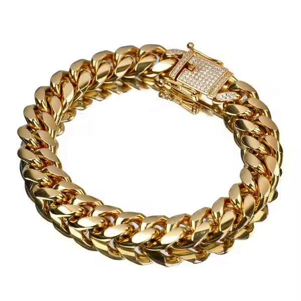 18K Gold Plated Stainless Steel Cuban Link Bracelet with CZ stones - 12 mm