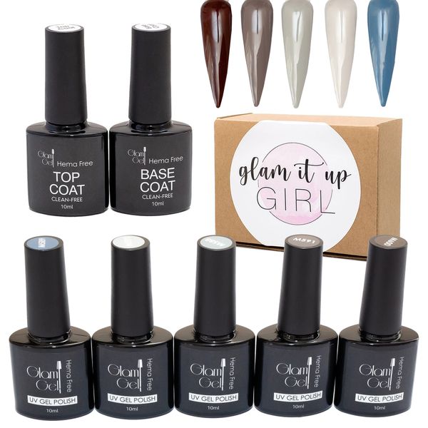 UV Gel Nail Polish Colour Set Hema-Free Glam Gel + Top &amp; Base Coat - kahlua