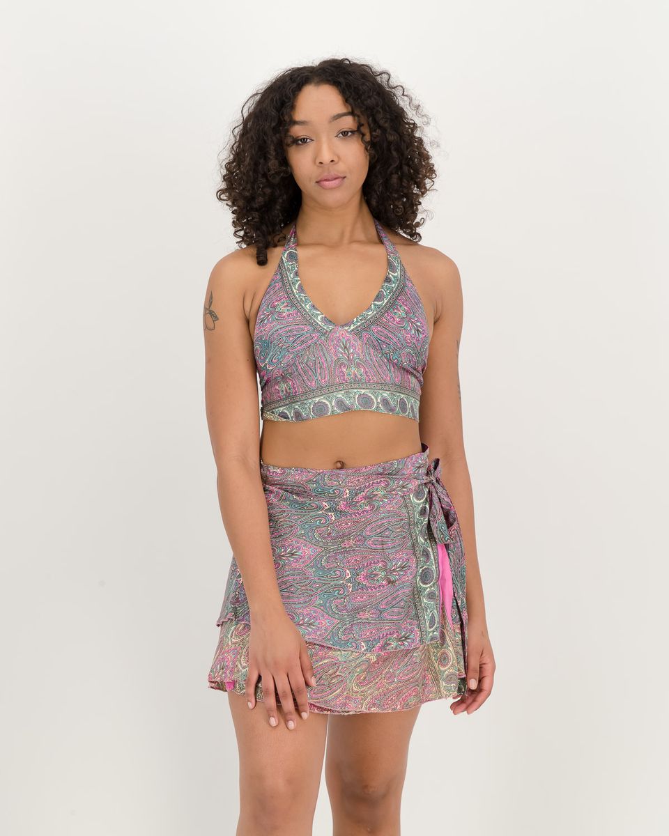 SKA 2 Pieces Set of Tie Halter Crop Top + Wrap Mini Skirt- Paisley Black  Ska Clothing, South Africa