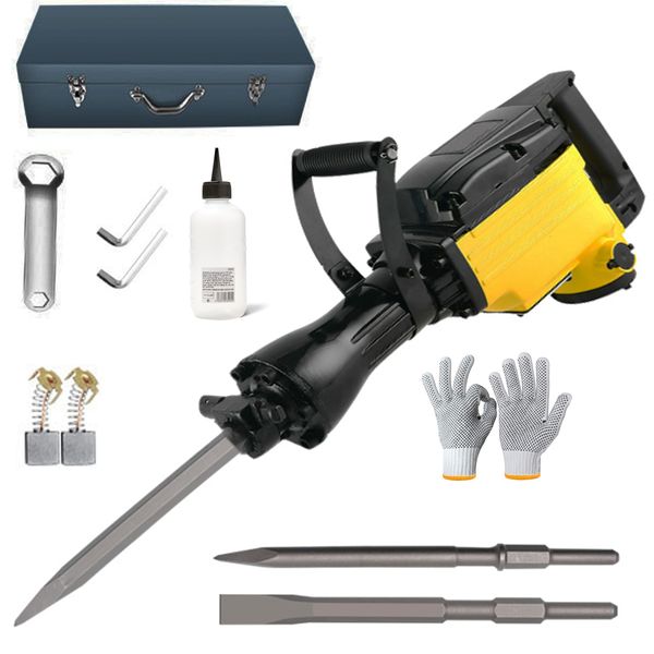 3000W Concrete Breaker Demolition Jack Hammer, Gloves, Bits &amp; Case - Yellow