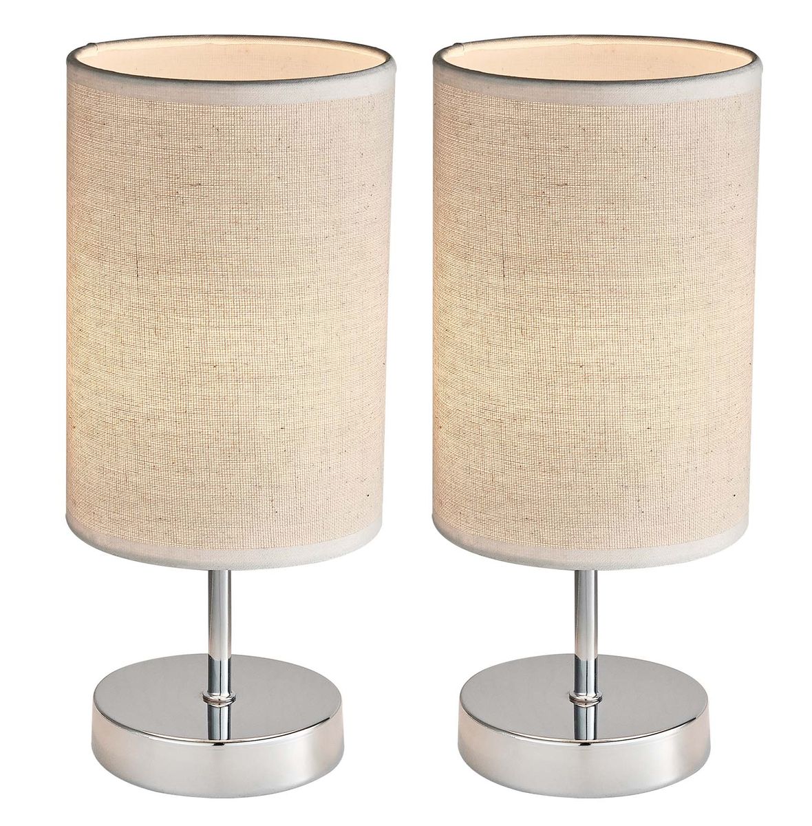 Elegant Chrome Bedside Lamps with Hessian Colour Fabric Shades Buy