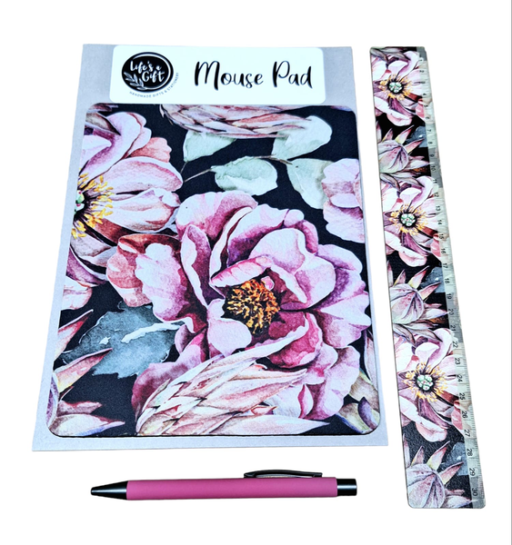 Mouse Pad, 30cm Ruler &amp; Pen Combo - Huge Pink Flower